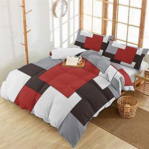 3 Pieces Duvet Cover Bedding Set Twin Mid Century Geometric Abstract Art Breathable Ultra Soft Comforter Cover with Zipper and Pillowcases Luxury Quilt Covers Modern Classic Red Gray Square