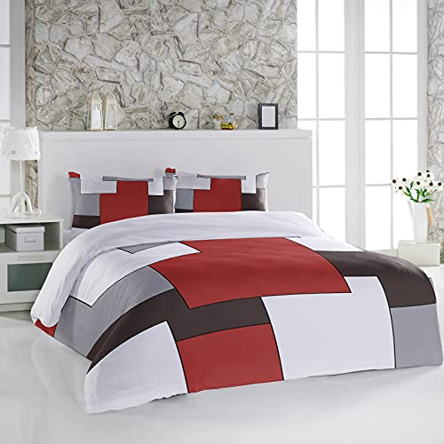 3 Pieces Duvet Cover Bedding Set Twin Mid Century Geometric Abstract Art Breathable Ultra Soft Comforter Cover with Zipper and Pillowcases Luxury Quilt Covers Modern Classic Red Gray Square