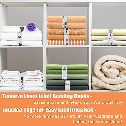 Tenuevo Bed Sheet Organizer Bands 4 Pieces- Closet Organization Sheet Straps, Upgraded Sheet Keeper, Linen Labels Bedding Bands, Elastic Bed Sheet Storage