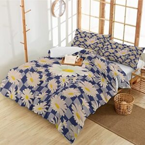3 pieces duvet cover california king bedding sets blossoming daisy flower on grid luxury soft comforter cover with pillowcases purple lattice and farm burlap microfiber quilt covers set for bedroom