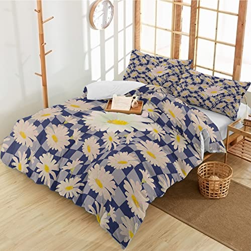 3 Pieces Duvet Cover California King Bedding Sets Blossoming Daisy Flower on Grid Luxury Soft Comforter Cover with Pillowcases Purple Lattice and Farm Burlap Microfiber Quilt Covers Set for Bedroom