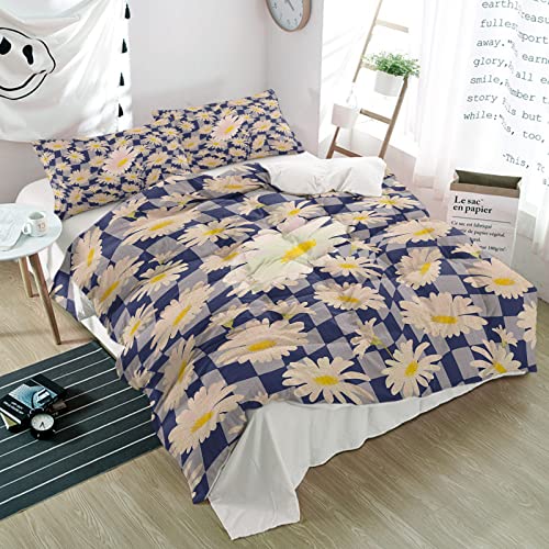 3 Pieces Duvet Cover California King Bedding Sets Blossoming Daisy Flower on Grid Luxury Soft Comforter Cover with Pillowcases Purple Lattice and Farm Burlap Microfiber Quilt Covers Set for Bedroom