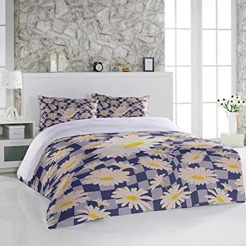 3 Pieces Duvet Cover California King Bedding Sets Blossoming Daisy Flower on Grid Luxury Soft Comforter Cover with Pillowcases Purple Lattice and Farm Burlap Microfiber Quilt Covers Set for Bedroom