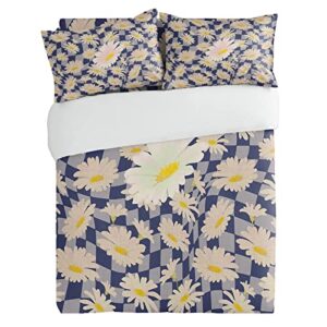 3 Pieces Duvet Cover California King Bedding Sets Blossoming Daisy Flower on Grid Luxury Soft Comforter Cover with Pillowcases Purple Lattice and Farm Burlap Microfiber Quilt Covers Set for Bedroom