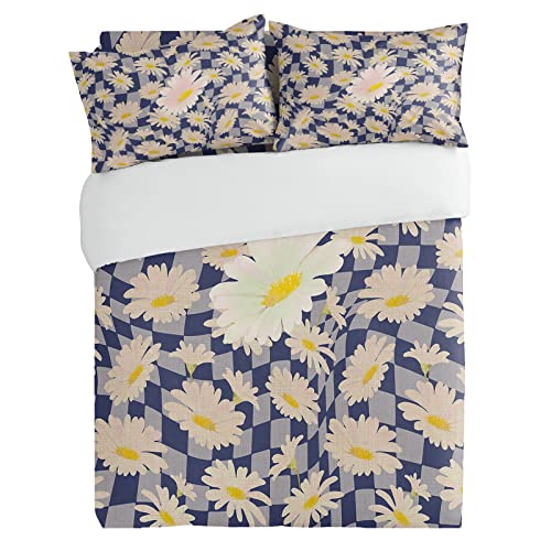 3 Pieces Duvet Cover California King Bedding Sets Blossoming Daisy Flower on Grid Luxury Soft Comforter Cover with Pillowcases Purple Lattice and Farm Burlap Microfiber Quilt Covers Set for Bedroom