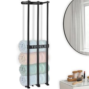 newpic wall towel rack for rolled towels, vertical 3-bar adhesive bathroom towel holder with 3 hooks, rolled towel rack wall mounted, metal towel storage for small bathroom, black