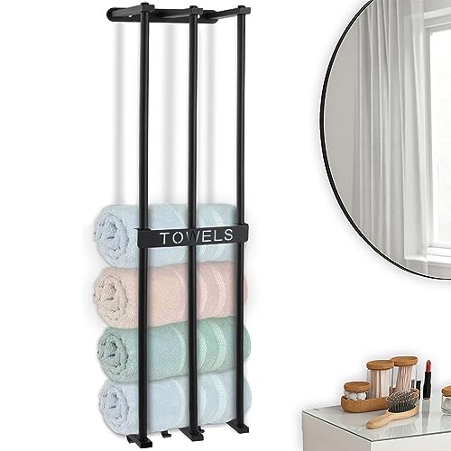 NEWPIC Wall Towel Rack for Rolled Towels, Vertical 3-Bar Adhesive Bathroom Towel Holder with 3 Hooks, Rolled Towel Rack Wall Mounted, Metal Towel Storage for Small Bathroom, Black