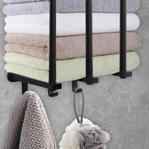 NEWPIC Wall Towel Rack for Rolled Towels, Vertical 3-Bar Adhesive Bathroom Towel Holder with 3 Hooks, Rolled Towel Rack Wall Mounted, Metal Towel Storage for Small Bathroom, Black