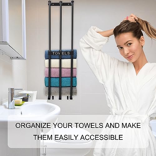 NEWPIC Wall Towel Rack for Rolled Towels, Vertical 3-Bar Adhesive Bathroom Towel Holder with 3 Hooks, Rolled Towel Rack Wall Mounted, Metal Towel Storage for Small Bathroom, Black