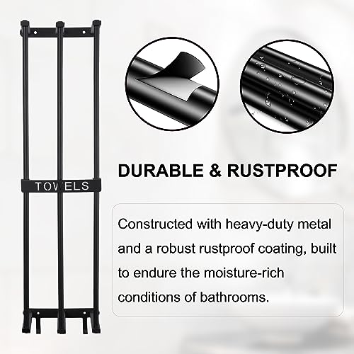 NEWPIC Wall Towel Rack for Rolled Towels, Vertical 3-Bar Adhesive Bathroom Towel Holder with 3 Hooks, Rolled Towel Rack Wall Mounted, Metal Towel Storage for Small Bathroom, Black