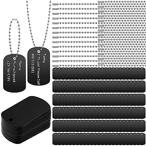 Military Dog Tags Set Blank Bulk Aluminum Blank Dog Tags Ball Steel Chain Rectangle Metal Stamping Tags for DIY Decorative Craft Pet Dog Identification Tags Supplies, Black(200 Sets)