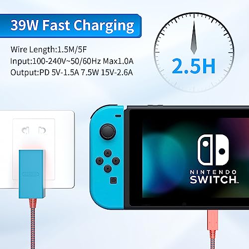 Switch Charger for Nintendo Switch, AC Adapter for Nintendo Switch -Fast Charger Compatible Nintendo Switch/Switch Lite/Switch OLED, 39W 15V/2.6A Output Support TV Mode and Dock Station