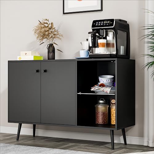 Cozy Castle Mid-Century Storage Cabinet, 44" Sideboard with Adjustable Glass Shelf, Kitchen Buffet Sideboard with Doors, Accent Coffee Bar Cabinet, Wine Bar for Kitchen, Dining Room, Black