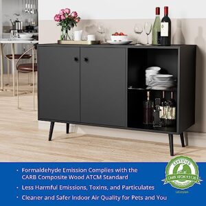 Cozy Castle Mid-Century Storage Cabinet, 44" Sideboard with Adjustable Glass Shelf, Kitchen Buffet Sideboard with Doors, Accent Coffee Bar Cabinet, Wine Bar for Kitchen, Dining Room, Black