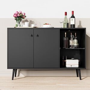 Cozy Castle Mid-Century Storage Cabinet, 44" Sideboard with Adjustable Glass Shelf, Kitchen Buffet Sideboard with Doors, Accent Coffee Bar Cabinet, Wine Bar for Kitchen, Dining Room, Black