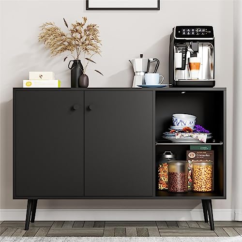 Cozy Castle Mid-Century Storage Cabinet, 44" Sideboard with Adjustable Glass Shelf, Kitchen Buffet Sideboard with Doors, Accent Coffee Bar Cabinet, Wine Bar for Kitchen, Dining Room, Black