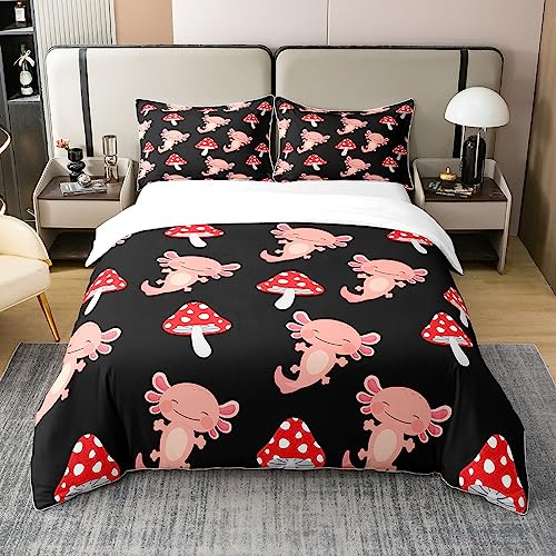 Full Size Comforter Cover Cartoon Pink Axolotl 100% Natural Cotton Bedding Set Cute Red Mushroom Plants Duvet Cover for Bedroom Gifts Lovely Wild Animal Rustic Style Bedding Set 3 PCS