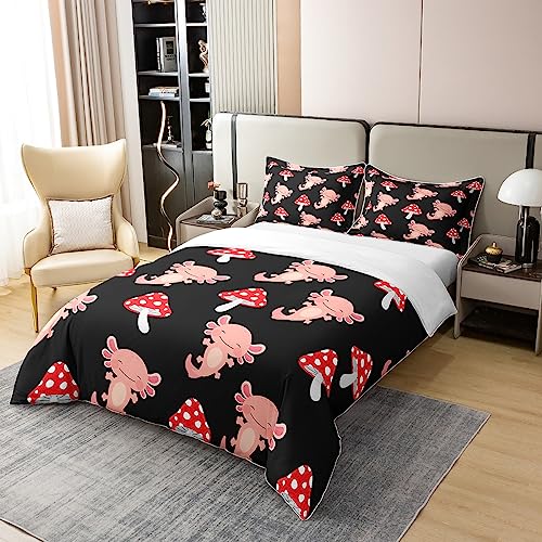 Full Size Comforter Cover Cartoon Pink Axolotl 100% Natural Cotton Bedding Set Cute Red Mushroom Plants Duvet Cover for Bedroom Gifts Lovely Wild Animal Rustic Style Bedding Set 3 PCS