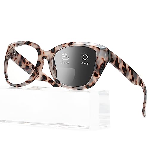 KISDATE OPTICS Glamorous Photochromic Bifocal Reading Glasses Sunglasses women Driving/Reading/Sunbathing Designer Jackie O Frame UV 400 Protection Outdoor Vintage Sun Readers （Leopard +1.5）