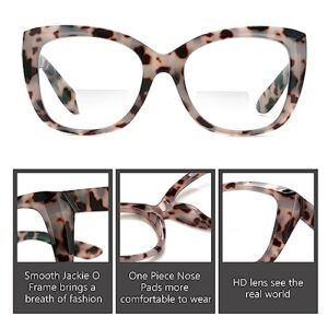 KISDATE OPTICS Glamorous Photochromic Bifocal Reading Glasses Sunglasses women Driving/Reading/Sunbathing Designer Jackie O Frame UV 400 Protection Outdoor Vintage Sun Readers （Leopard +1.5）