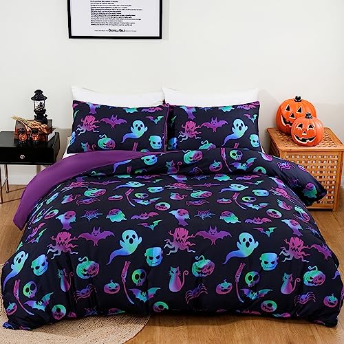 Halloween Duvet Cover Set Queen,3 Pieces Black Skull Pumpkin Comforter Cover Set with 2 Pillowcases Ghost Festival Themed Bedding Set Queen90 x90(Not Comforter)