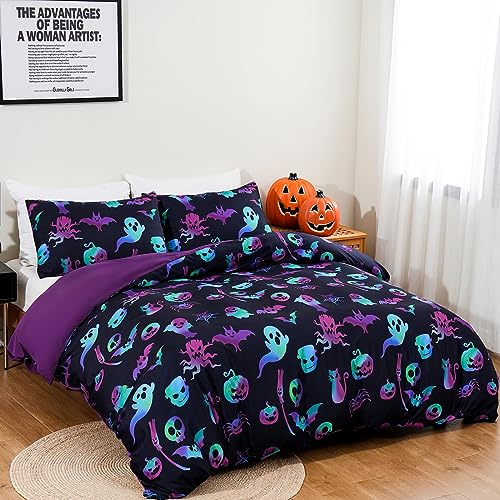 Halloween Duvet Cover Set Queen,3 Pieces Black Skull Pumpkin Comforter Cover Set with 2 Pillowcases Ghost Festival Themed Bedding Set Queen90 x90(Not Comforter)