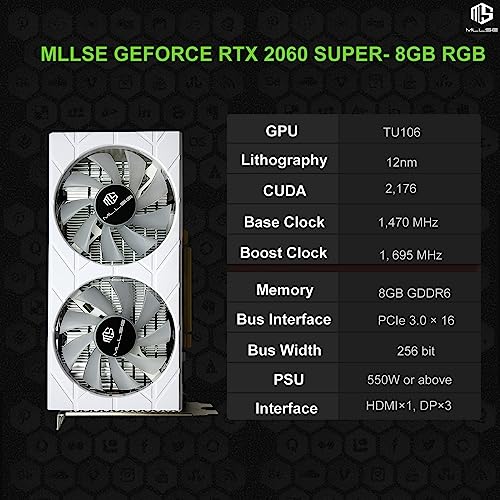 Mllse RTX 2060 Super Graphics Card, RGB 8GB GDDR6 256bit, PCIe 3.0×16, DisplayPort, HDMI, DVI，Dual Fan Cooling System, Video Gaming Card for Destop PC (RTX 2060 Super - RGB)