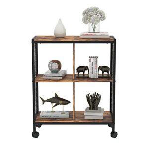 CCKO Bookshelf Storage,Movable Rack Srorage Shelf with Wheels,Nordic Wood Metal 3 Tier Shelving Unit,Open Bookcases for Living Room Bedroom Home Office (Wood)