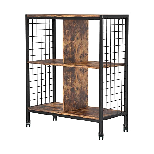 CCKO Bookshelf Storage,Movable Rack Srorage Shelf with Wheels,Nordic Wood Metal 3 Tier Shelving Unit,Open Bookcases for Living Room Bedroom Home Office (Wood)