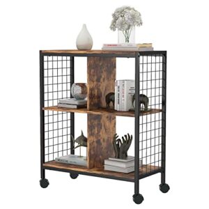 CCKO Bookshelf Storage,Movable Rack Srorage Shelf with Wheels,Nordic Wood Metal 3 Tier Shelving Unit,Open Bookcases for Living Room Bedroom Home Office (Wood)