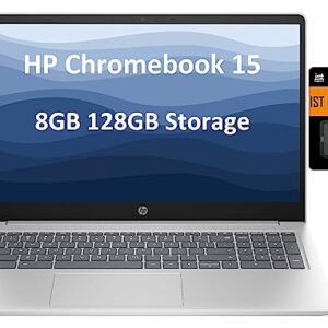 HP Chromebook 15 (15.6" HD, 2023 Intel Processor N200 (Beat i3-10110U), DDR5 8GB RAM, 128GB Storage (64GB eMMc + 64GB SD Card), Webcam, Numeric Keyboard) Home & Student Laptop, IST SD Card, Chrome OS