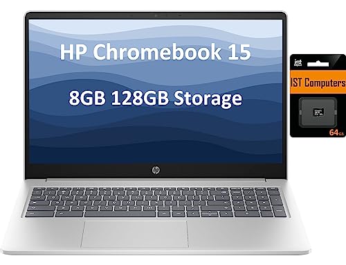 HP Chromebook 15 (15.6" HD, 2023 Intel Processor N200 (Beat i3-10110U), DDR5 8GB RAM, 128GB Storage (64GB eMMc + 64GB SD Card), Webcam, Numeric Keyboard) Home & Student Laptop, IST SD Card, Chrome OS