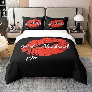 jejeloiu sexy red lips duvet cover 100% cotton get naked for couple lover men funny quotes bedding 100% cotton set modern fashion stylish black red white duvet set room decor quilt cover queen zipper