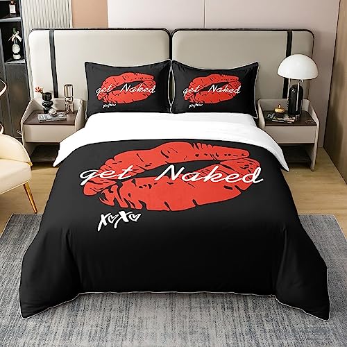 jejeloiu Sexy Red Lips Duvet Cover 100% Cotton Get Naked for Couple Lover Men Funny Quotes Bedding 100% Cotton Set Modern Fashion Stylish Black Red White Duvet Set Room Decor Quilt Cover Queen Zipper