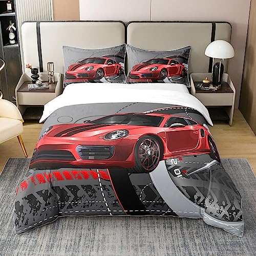 Red Race Car Duvet Cover 100% Cotton Sports Car Bedding 100% Cotton Set Extreme Sport Theme Gorgeous Duvet Set Cool Speed Automobile Decor Quilt Cover with 1 Pillowcases 2Pcs Bedding Twin Zipper