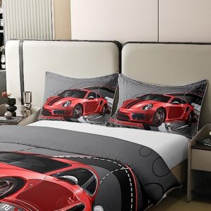 Red Race Car Duvet Cover 100% Cotton Sports Car Bedding 100% Cotton Set Extreme Sport Theme Gorgeous Duvet Set Cool Speed Automobile Decor Quilt Cover with 1 Pillowcases 2Pcs Bedding Twin Zipper