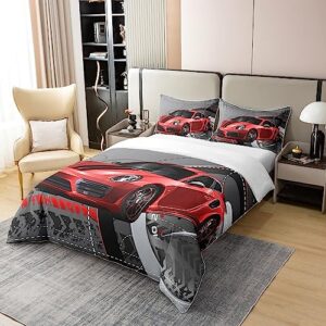 Red Race Car Duvet Cover 100% Cotton Sports Car Bedding 100% Cotton Set Extreme Sport Theme Gorgeous Duvet Set Cool Speed Automobile Decor Quilt Cover with 1 Pillowcases 2Pcs Bedding Twin Zipper