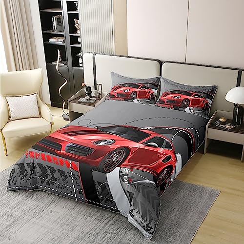 Red Race Car Duvet Cover 100% Cotton Sports Car Bedding 100% Cotton Set Extreme Sport Theme Gorgeous Duvet Set Cool Speed Automobile Decor Quilt Cover with 1 Pillowcases 2Pcs Bedding Twin Zipper