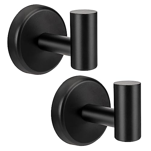 Bathroom Towel Hooks Black- 2 Pack Towel Holder Wall Mounted, Stainless Steel Coat Keys Hook Robe Rack Matte Black Shower for Bedroom Kitchen Hotel