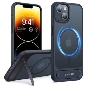 torras strong magnetic specialized for iphone 13 case with stand, compatible with magsafe, sturdy built in kickstand, military grade drop protection for iphone 13 phone case, translucent matte black