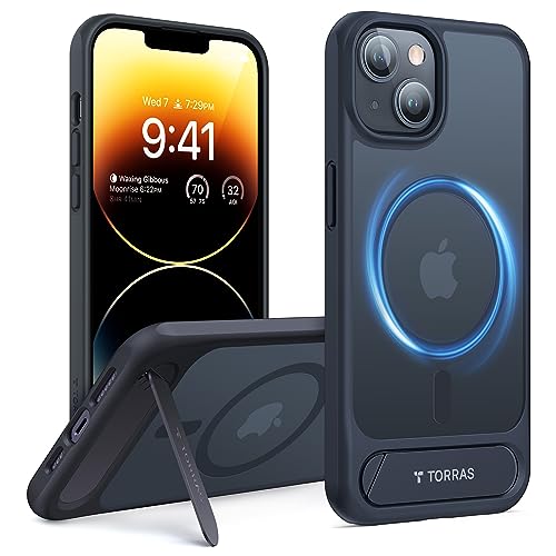 TORRAS Strong Magnetic Specialized for iPhone 13 Case with Stand, Compatible with MagSafe, Sturdy Built in Kickstand, Military Grade Drop Protection for iPhone 13 Phone Case, Translucent Matte Black