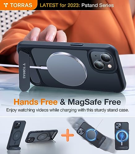 TORRAS Strong Magnetic Specialized for iPhone 13 Case with Stand, Compatible with MagSafe, Sturdy Built in Kickstand, Military Grade Drop Protection for iPhone 13 Phone Case, Translucent Matte Black