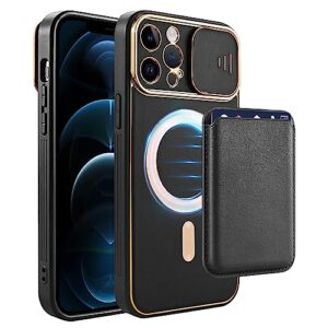 iphone 12 pro max case with wallet [camera cover slide lens] leather hard cover [compatible with magsafe] anti-scartch military grade protection strong magnetic phone case for iphone 12 pro max black