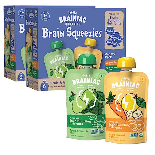 Little Brainiac Organic Fruit & Veggie Snack Brain Boosting Toddler Pouches, Two Flavor Variety Pack, Brain-Supporting Nutrients, Clean Label, BPA-Free, Non-GMO (3.5 oz, Pack of 12)