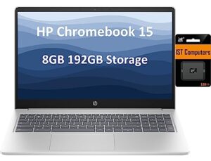 hp chromebook 15 (15.6'' hd 2023 intel processor n200 (beat i3-10110u), ddr5 8gb ram, 192gb storage (64gb emmc + 128gb sd card), webcam, numeric keyboard), ist card, chrome os, silver