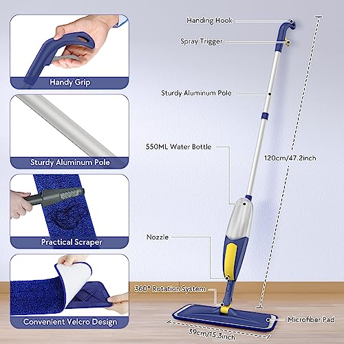 Microfiber Mops for Floor Cleaning, Dust Wood Floor Mop, Wet Spray Mop with Reusable Washable Pads for Home Commercial Hardwood Laminate Vinyl Wood Tile Floor