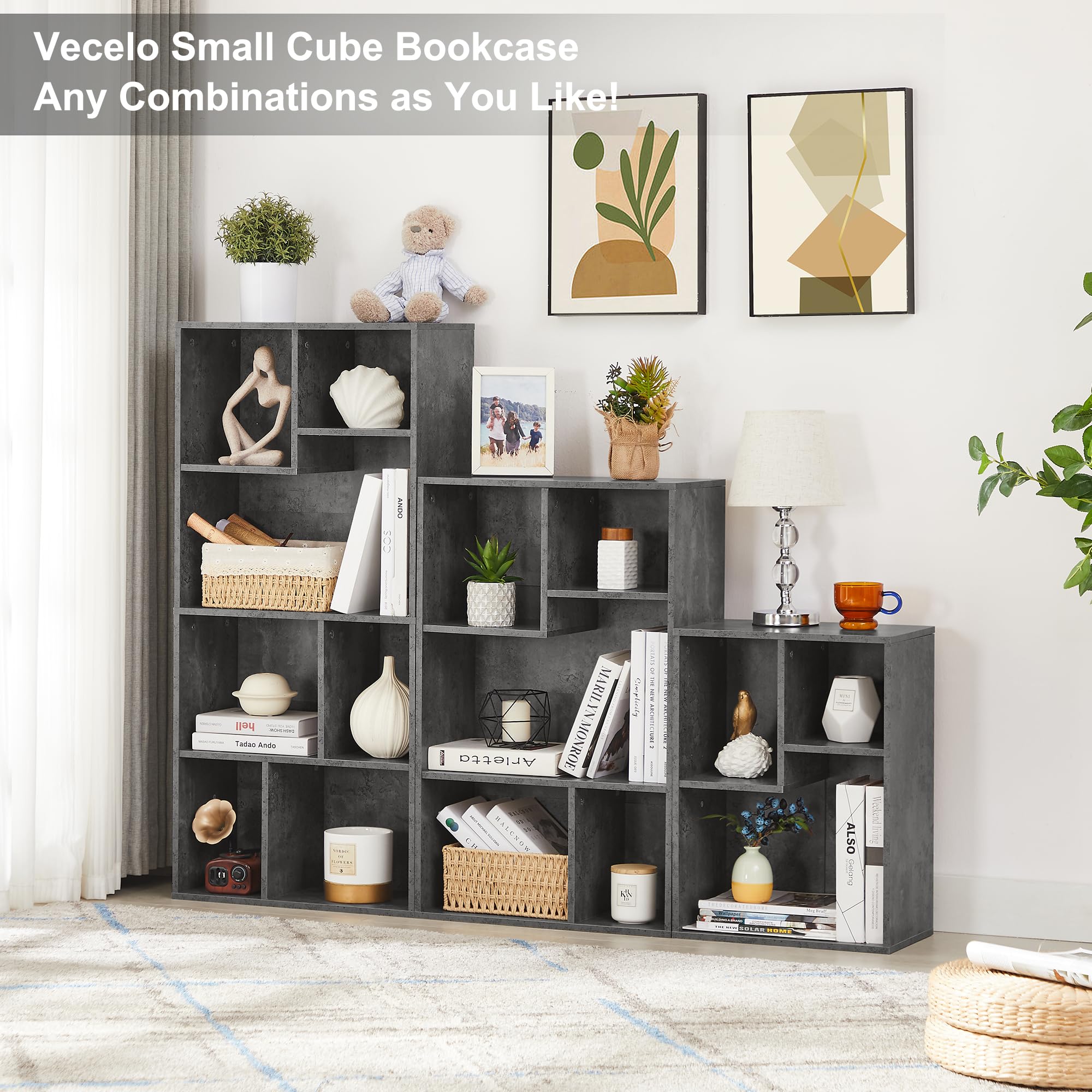 VECELO 2-Tier Small Bookshelf, Open Modern Bookcases, Shelves Height up to 12.8 Inches, Fits Regular Size Textbooks, Floorstanding Display with High Load Capacity, Cube Storage Organizer, Grey