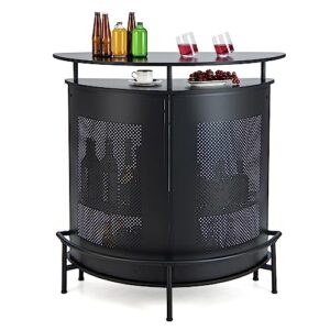 giantex 4-tier home bar unit - bar cabinet with storage shelves, 3 stemware holders, curved countertop, perforated metal front, footrest, mini bars for home, kitchen, living room, pub, black