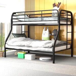reemoon metal bunk bed, twin over full size beds with two side ladders & safety guard rail, space-saving design, noise-free, black