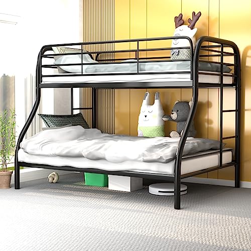 Reemoon Metal Bunk Bed, Twin Over Full Size Beds with Two Side Ladders & Safety Guard Rail, Space-Saving Design, Noise-Free, Black